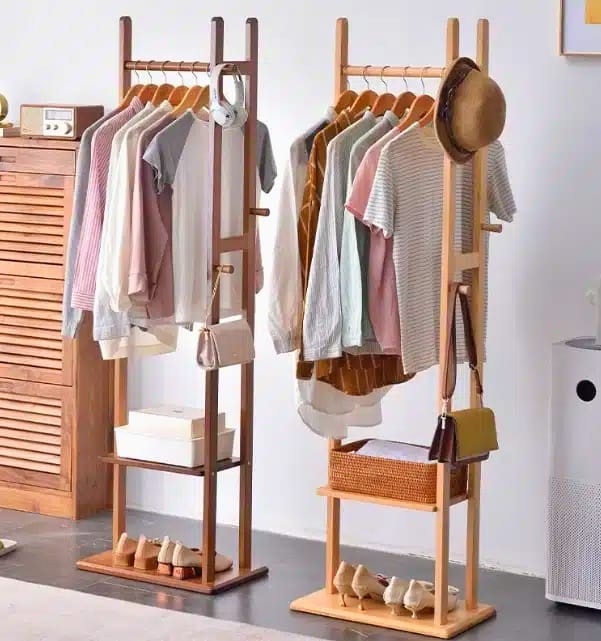 Wooden Multi-Layer Alna with 3 Side Hooks & 2 Shelves – Stylish Bedroom Cloth Stand-IECSM05 image 3