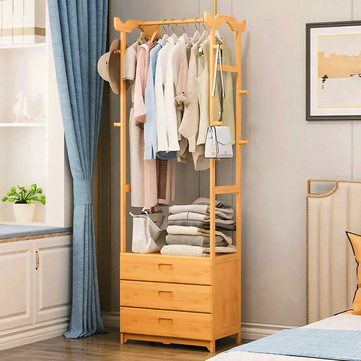 Wooden Multi-Layer Alna with 8 Side Hooks & 3 Drawers-IECSM18