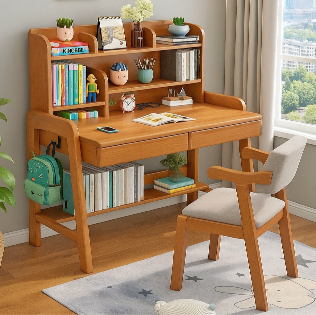 Solid Mehgoni Wooden Study Table and Chair Set for Students-IEST03