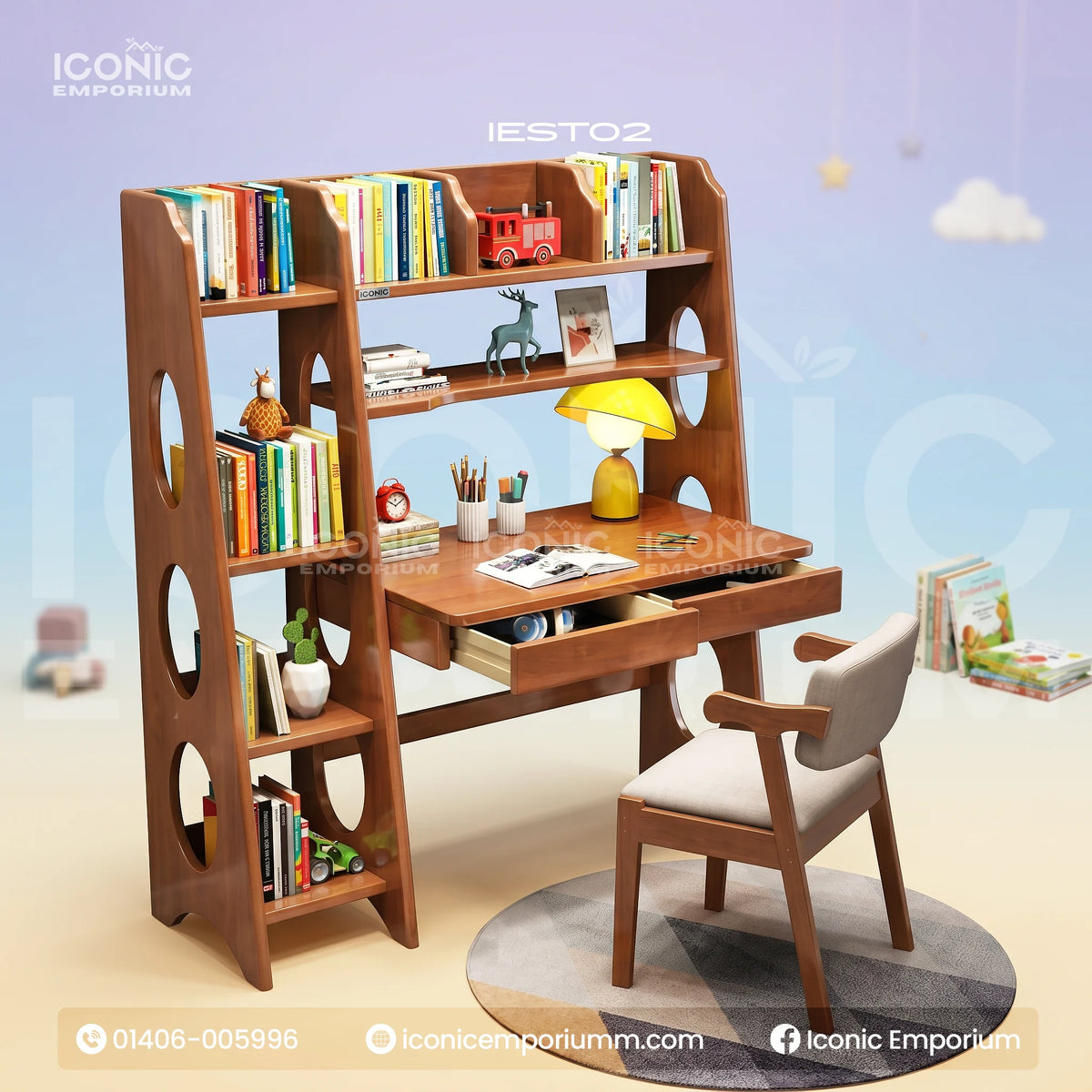 Durable Solid Mehgoni Wooden Study Desk and Chair Combo Set -IEST02