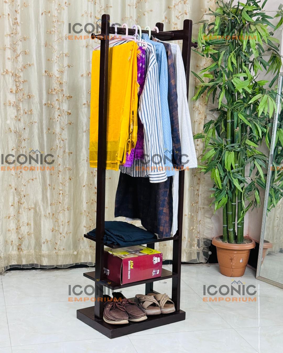 Wooden Multi-Layer Alna with Side Hooks & Double Shelves-IECSM01