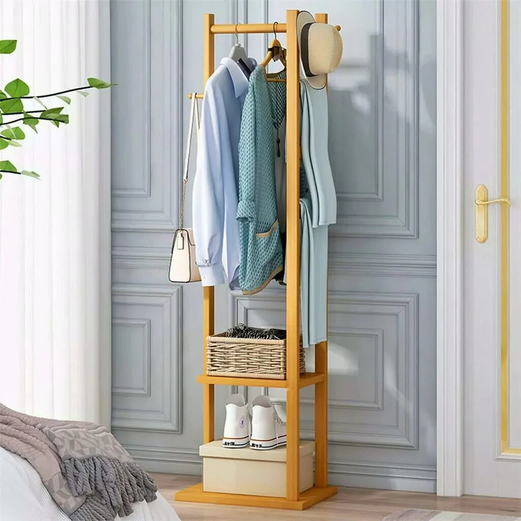 Wooden Multi-Layer Alna with 3 Side Hooks & 2 Shelves – Stylish Bedroom Cloth Stand-IECSM05 image 4