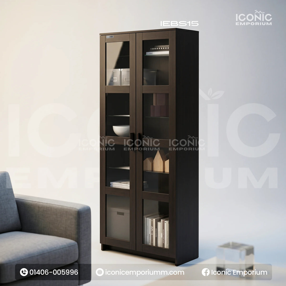 Wooden Large Bookshelf With Glass Door-IEBS15