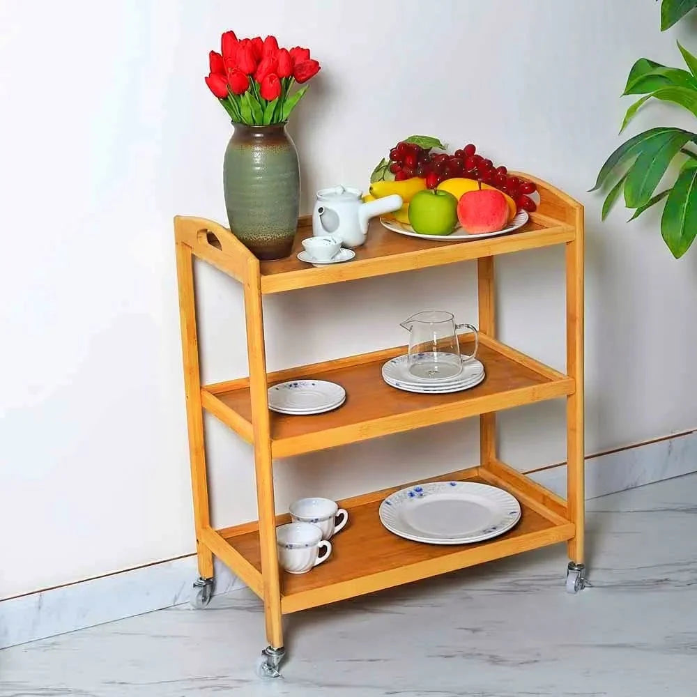 Wooden serving trolley | 3-Shelf Multi-Purpose Kitchen Storage-IEKS19