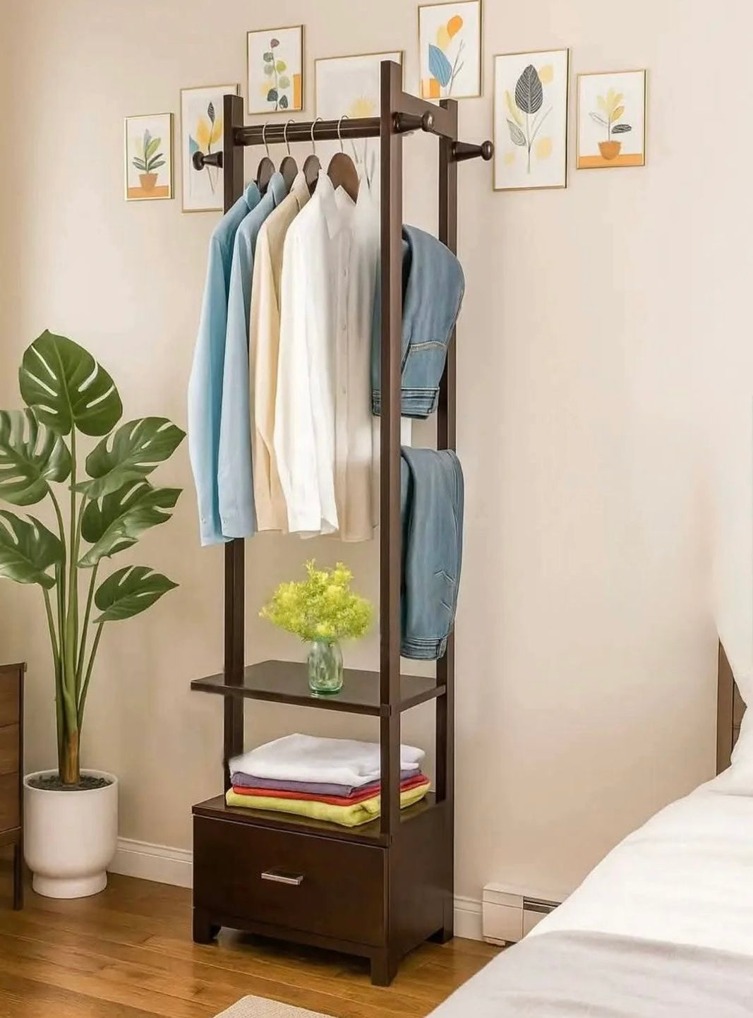 Wooden Multi-Layer Alna with Side Hooks & Drawer -IECSM 31